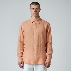 Saks Fifth Avenue Shirt Mens Medium Orange 100% Linen Button Down Lightweight